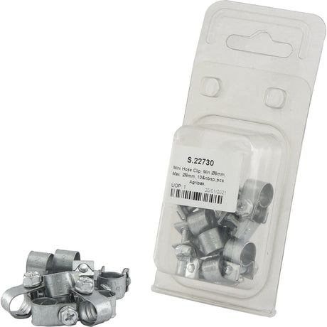 A package of Mini Hose Clips by Sparex, featuring multiple small metal clamps, with a few clips displayed outside the packaging. The label indicates the product name "Mini Hose Clip," Min Ø6mm Max Ø8mm dimensions, and a quantity of 10 pcs., along with Sparex Part No. S.22730.