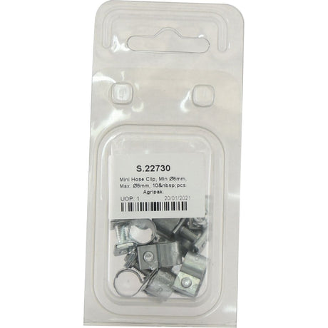 A clear plastic package contains 10 mini hose clips. The label reads: "Sparex Mini Hose Clip, Min Ø6mm Max Ø8mm, 10 pcs, Agripak. Part No.S.22730.