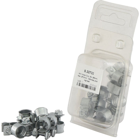 10 pieces of Mini Hose Clips (Min Ø8mm, Max. Ø10mm) from Sparex Part No. S.22732 are scattered next to a partially opened plastic packaging labeled "Agripak.