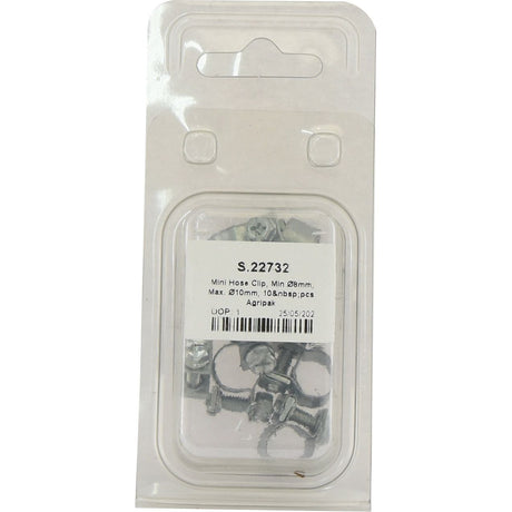 A clear Agripak package from Sparex containing ten mini hose clips, designed for use with hoses of 8mm to 10mm in diameter. The package label displays item code S.22732 and additional specifications.