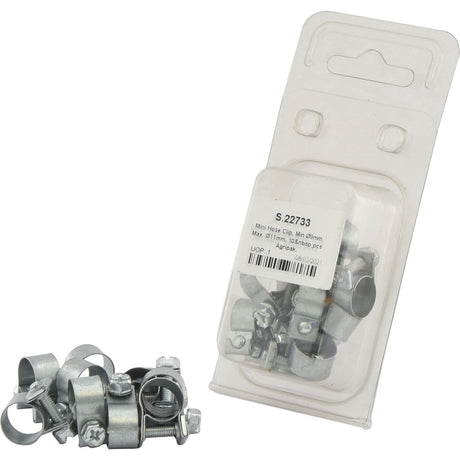 Plastic packaging containing ten spare Mini Hose Clips by Sparex (Min Ø9mm, Max. Ø11mm, Sparex Part No.S.22733), with one Mini Hose Clip displayed outside the package.