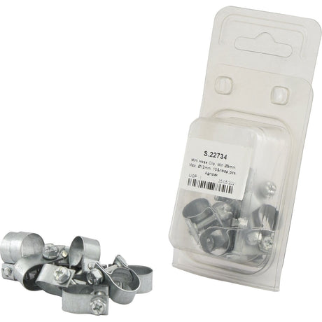 Packaged set of silver metal hose clamps, including Sparex Mini Hose Clips (Min Ø9mm, Max Ø12mm, 10 pcs., Sparex Part No. S.22734), with some displayed outside the packaging on a white background.