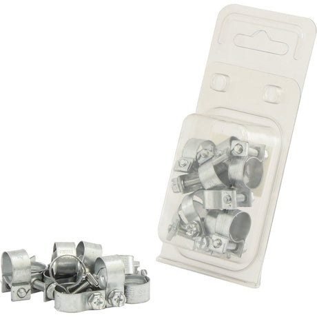 A blister pack containing 10 Sparex Mini Hose Clips (Min Ø10mm, Max. Ø13mm, Sparex Part No. S.22735), with some clips displayed outside the packaging.