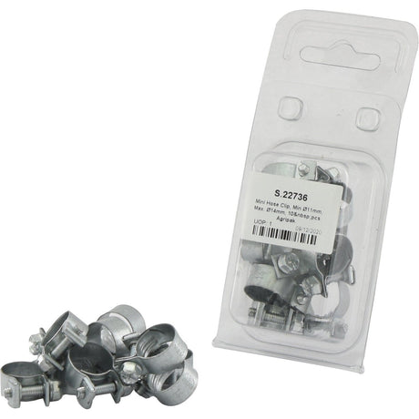 A package of Sparex Mini Hose Clips, with a minimum diameter of 11mm and a maximum diameter of 14mm, containing 10 pieces (Sparex Part No. S.22736), includes additional 14mm mini clamps displayed in front.