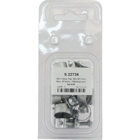 Clear plastic packaging containing mini hose clips with a label displaying product details, including "Sparex Part No. S.22736," "Mini Hose Clip," "Min Ø11mm," "Max Ø14mm," "10 pcs," and a barcode.