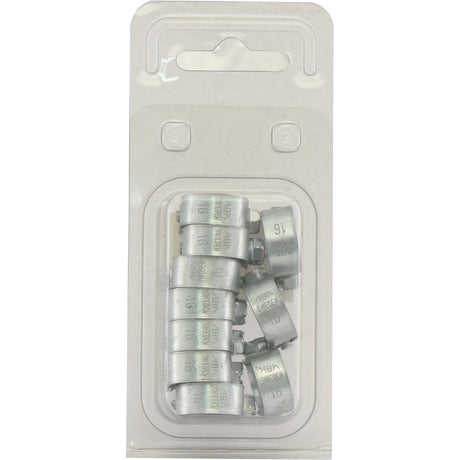 A Sparex Agripak clear plastic blister pack contains 10 Mini Hose Clips with text markings, each with a minimum diameter of 13mm and a maximum diameter of 16mm.