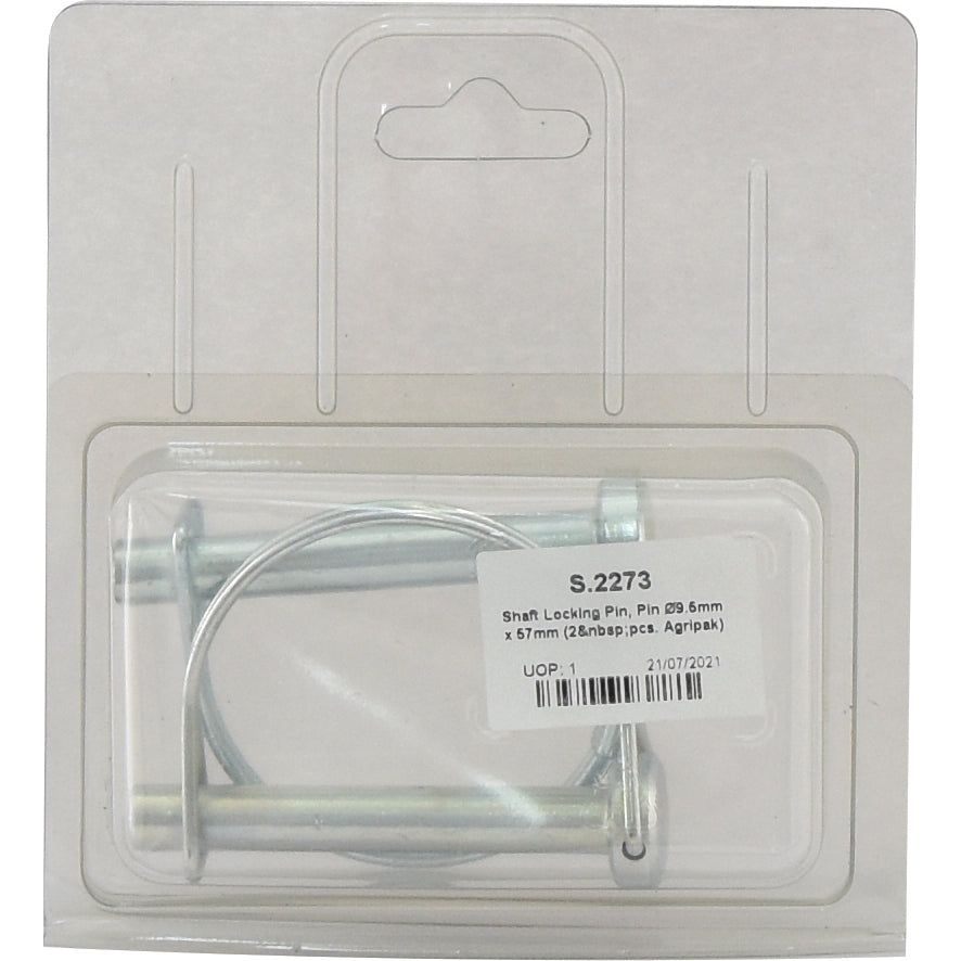 Plastic packaging containing a set of Sparex Shaft Locking Pins. The label shows product code S.2273 and mentions pin dimensions: 9.5mm x 57mm (2 pcs., Agripak). A date of 21/07/2021 is also visible.