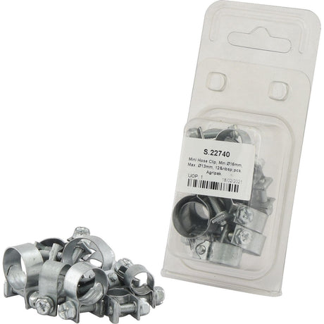 A package of Sparex Mini Hose Clips (Min Ø16mm, Max Ø13mm) containing 12 pieces with part number S.22740 is displayed alongside several loose clips, showcasing their design and size. The package features a label detailing product specifications.