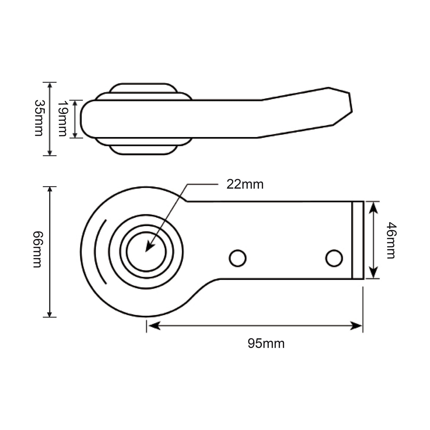 Technical drawing of a Lower Link Weld On Ball End (Cat. 1) LH | Sparex Part No.S.22755 mechanical part by Sparex with dimensions. Top view shows a handle, side view includes a round base. Measurements: 66mm, 95mm, 46mm, 22mm, 35mm, 19mm.