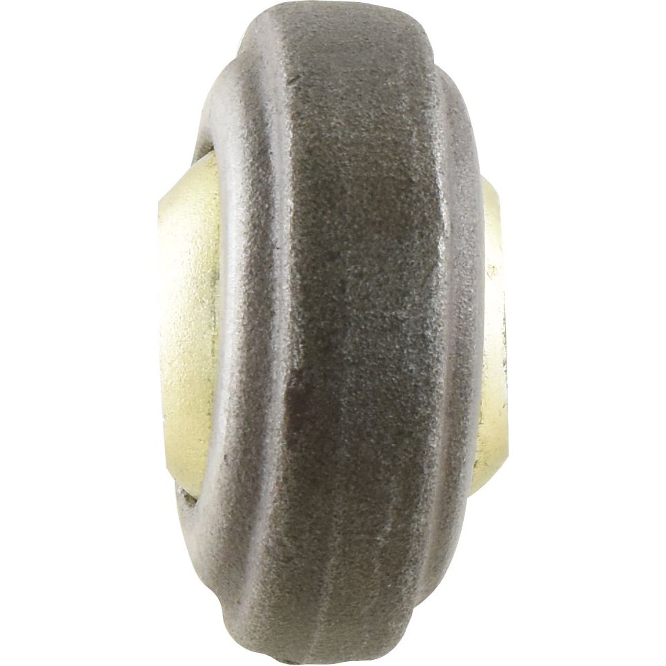 Viewed in profile, a metallic wheel-shaped object with a central groove, reminiscent of components found in Ford New Holland machinery, is the Lower Link Weld On Ball End (Cat. 1) LH | Sparex Part No. S.22755 by Sparex.