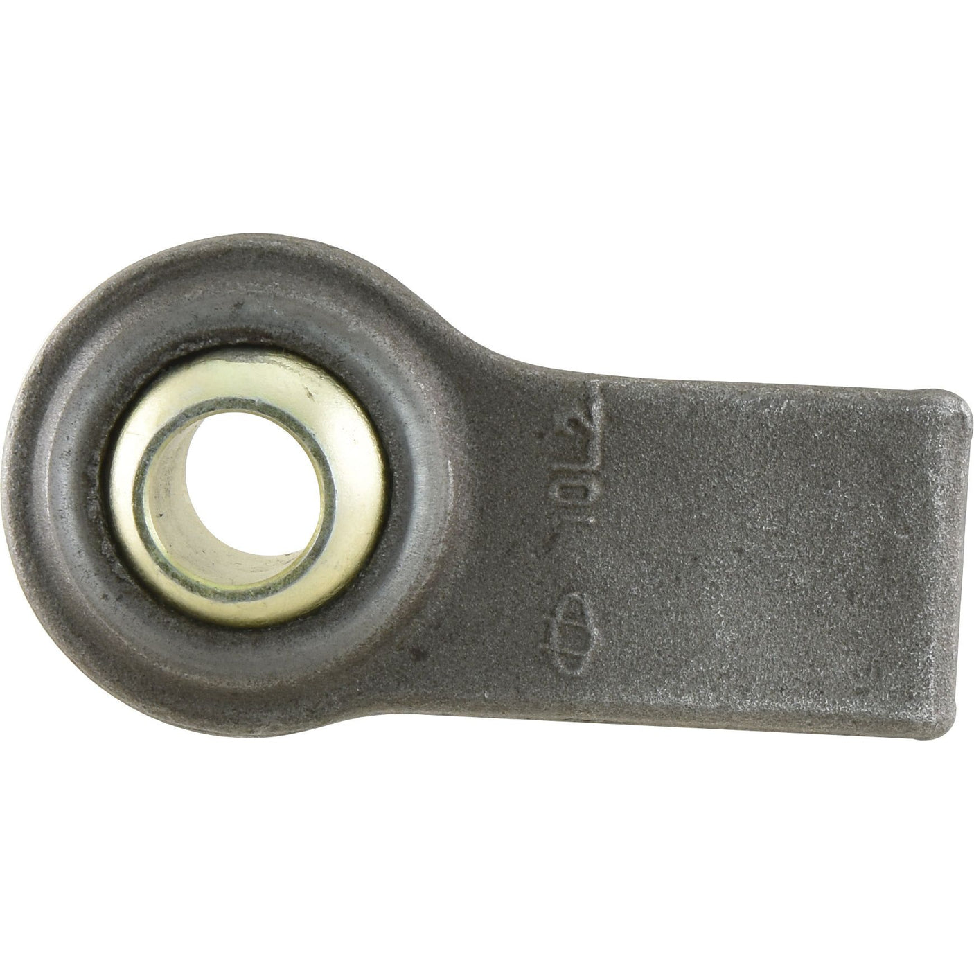 The Sparex Lower Link Weld On Ball End (Cat. 1) RH, Sparex Part No.S.22756, is a metal component with a circular opening on one end and a solid flat end on the other, featuring an embossed marking and is compatible with Massey Ferguson tractors.