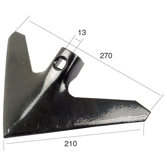 A black metal sweep from Sparex, model 3000236 (Sparex Part No.S.22774), features a triangular shape with dimensions of 210 mm in width, 270 mm in length, and a hole diameter of 13 mm.