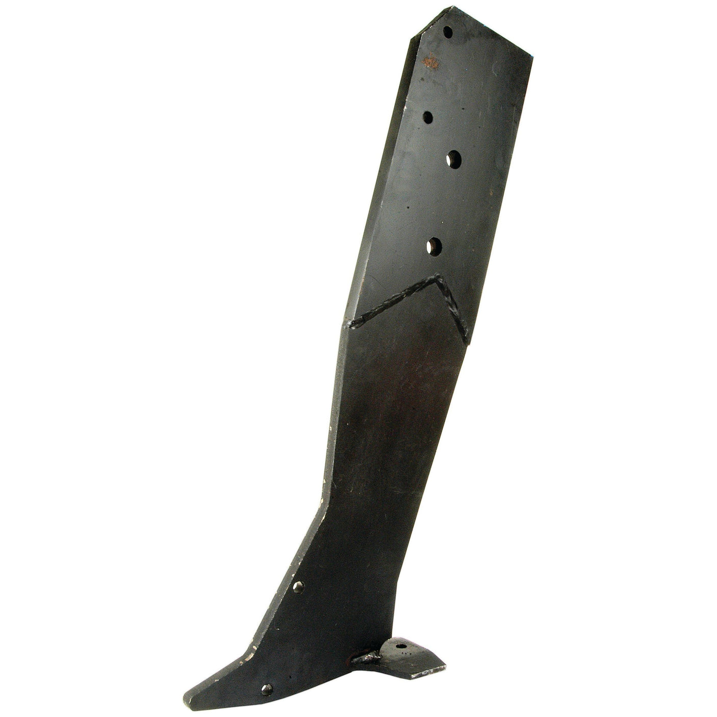 A black, angular metal bracket with multiple holes and a pointed base stands upright against a plain background, resembling the sturdy Sparex Leg Bottom Conversion To Solo replacement for Simba (P10486), also known as Sparex Part No. S.22775.