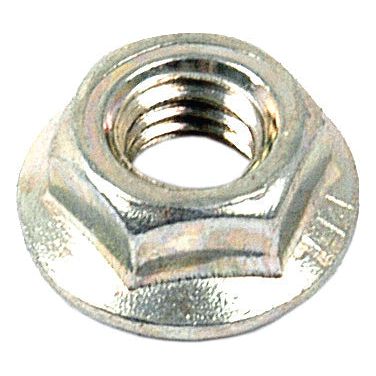 A close-up image of a Sparex Metric Flanged Nut, M6x1.00mm (DIN 934) Metric Coarse (Part No. S.22777), showcasing its internal threading and zinc-plated finish. The metallic nut features a shiny, reflective surface that highlights its durability and quality.