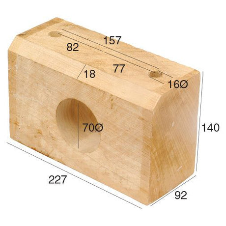 Wooden Roller Bearing Replacement by Sparex for Twose (Model: 039-25 | Part No. S.22781), featuring various precise measurements including lengths of 82 mm, 157 mm, 18 mm, 77 mm, 160 mm, 227 mm, and 92 mm; hole diameters are meticulously marked at 70 mm. Ideal for use as a template or replacement part in wooden roller bearing applications.