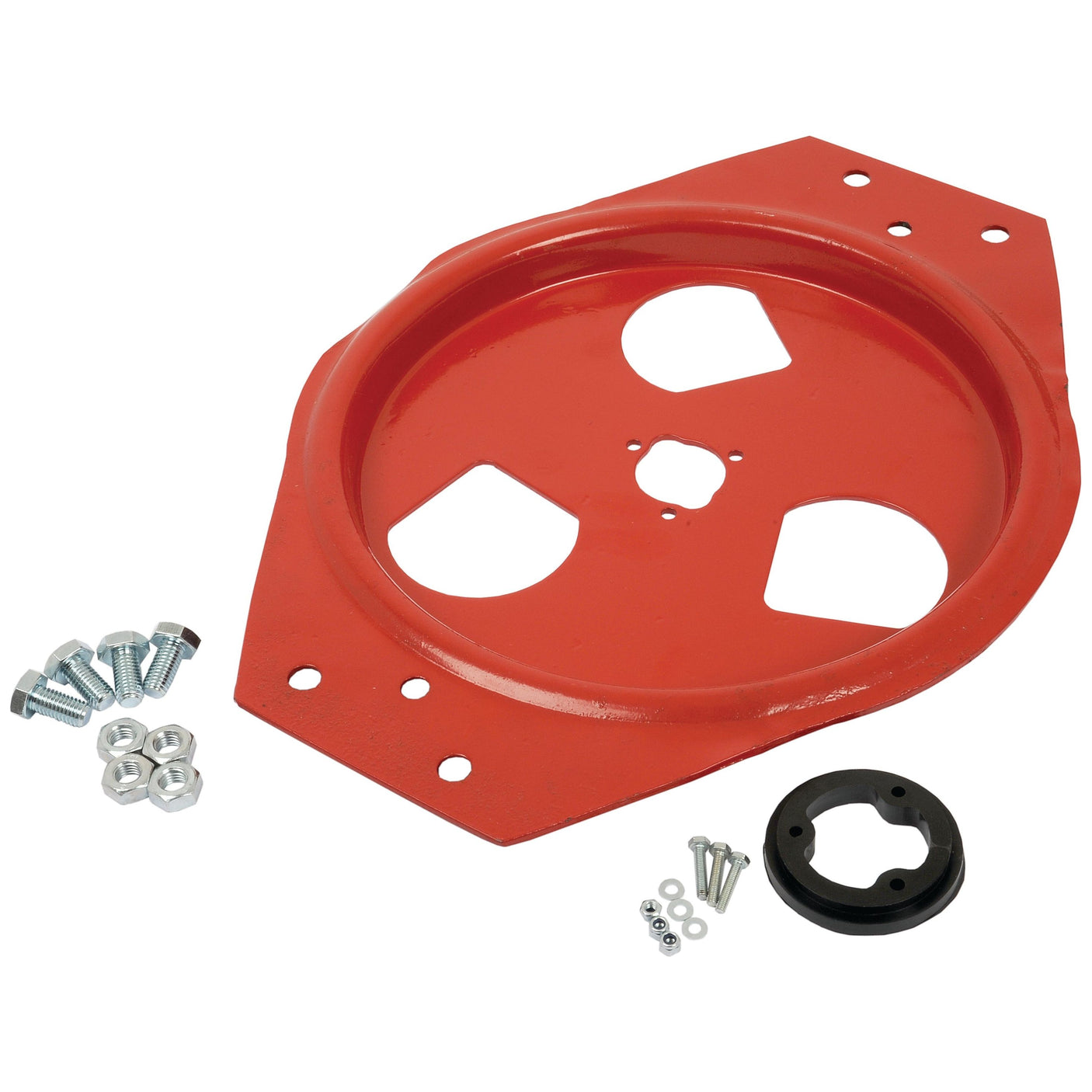 A Sparex Disc Assembly (part number S.22783) with four cutouts, surrounded by screws, bolts, and a black circular piece, is displayed on a plain white background. Perfect for your Vicon disc assembly needs, model 90020020KIT.