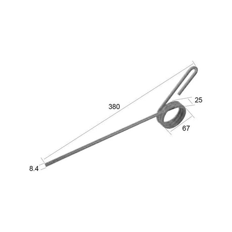 A metal rod from Sparex (Grange & Walter model 980010) with dimensions marked: 380 mm in length, 67 mm in height, 8.4 mm in thickness, and a loop with a 25 mm diameter. Sparex Part No.S.22784.