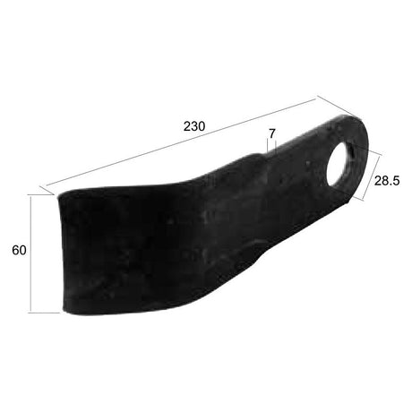 The Sparex Slasher Blade features dimensions of 230 mm in length, 60 mm in width, a 28.5 mm hole diameter, and a thickness of 7 mm. It is suitable for Cabe Rekord models and corresponds to OEM reference number 2501073 (Sparex Part No.S.22799).