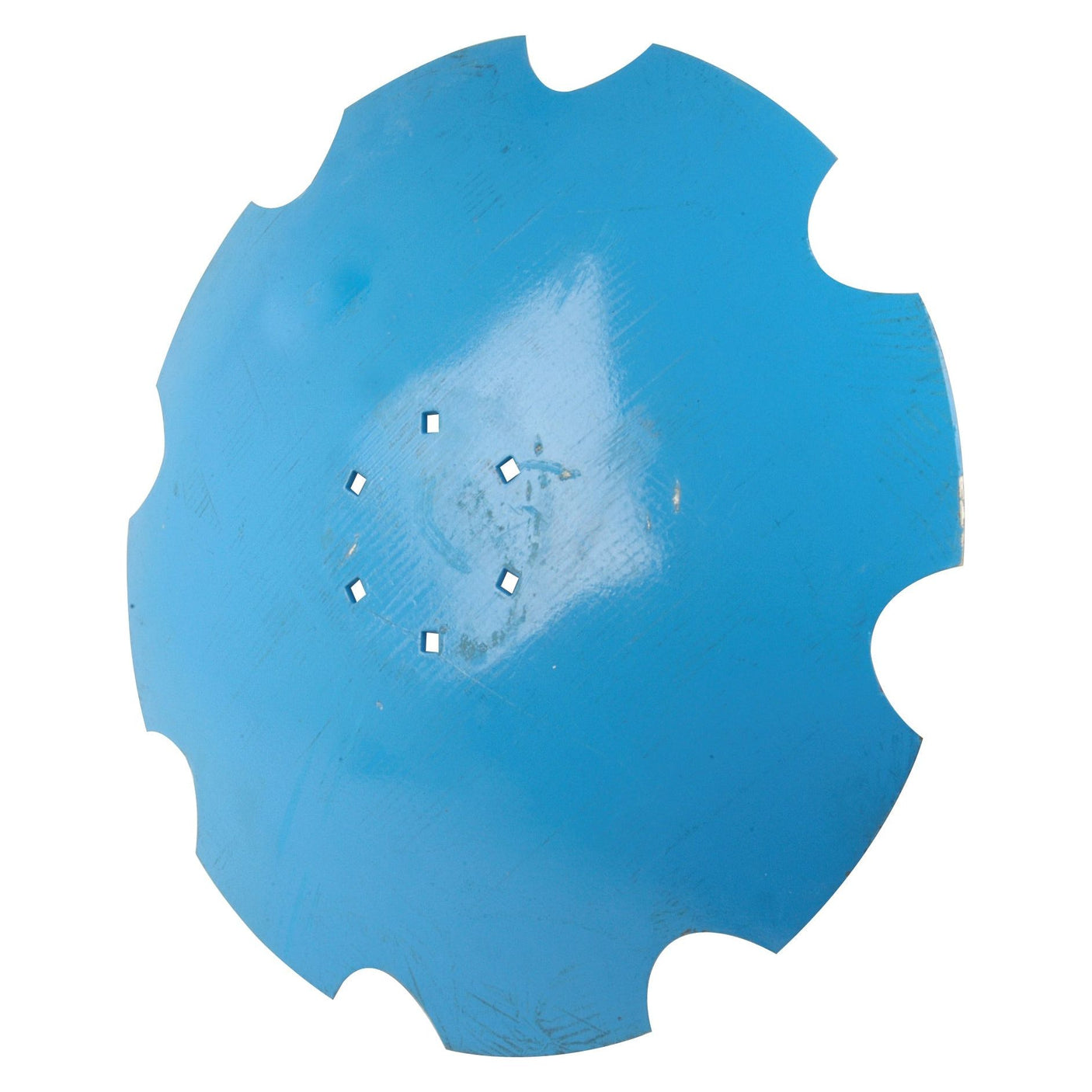 A round, blue metal disc from Sparex, resembling a Lemken Rubin, with several evenly spaced notches along its edge and four small square cutaway holes near its center. This product is the Cutaway Harrow Disc 622x6.0mm - Hole 6 x 12.5mm Square 129mm P.C.D., fitting as part number 3490466 (Sparex Part No. S.22809).