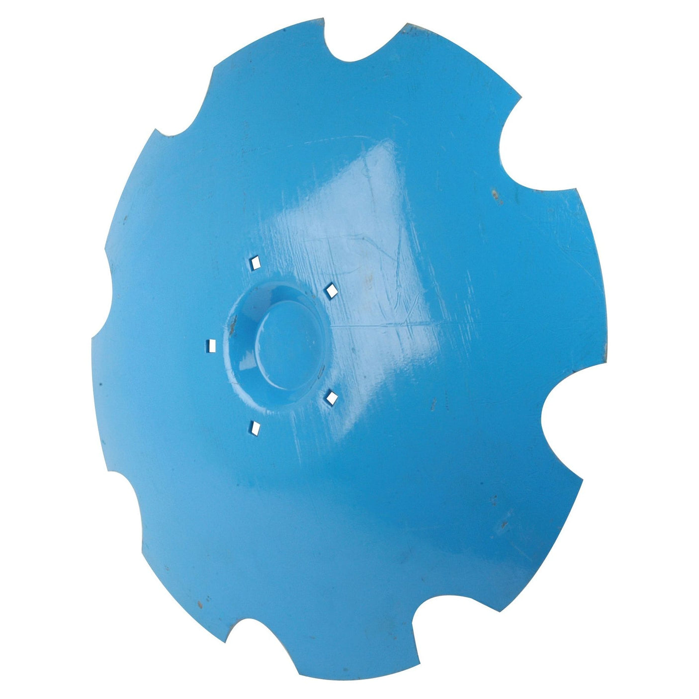 A blue Sparex Cutaway Harrow disc (622x6.0mm), designed with a round, concave shape and serrated edges, featuring five small square holes (5 x 12.5mm) near the center, compatible with Lemken Rubin models.