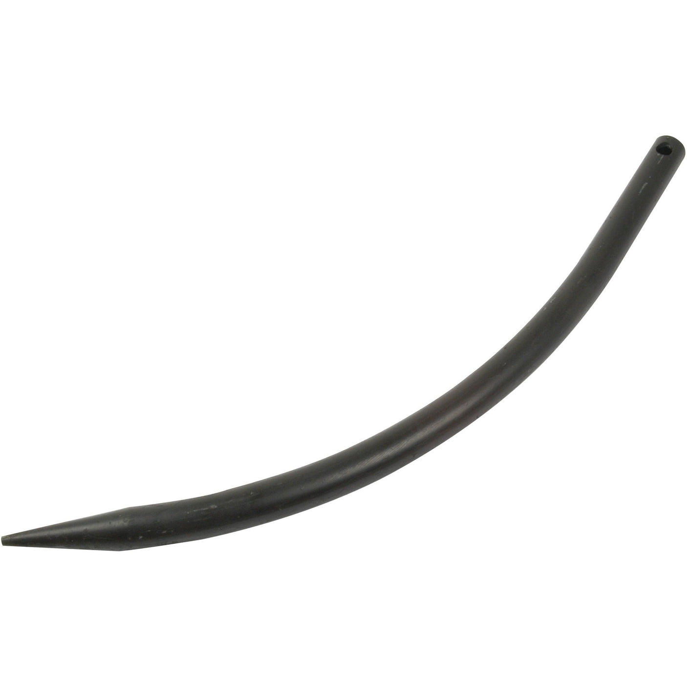 A black, curved plastic Loader Tine - Curved 560mm (Round) - S.22813 with a narrow tip and a small hole at the wider end, placed against a white background, featuring Pin Fitting for secure attachments from Sparex.