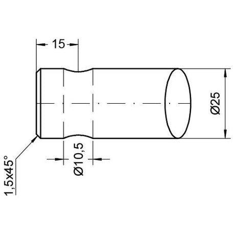 Technical drawing of the Sparex Loader Tine - Curved 560mm, (Round) - S.22813. It features a cylindrical body with a diameter of 25 mm, a length of 40 mm, and an internal diameter of 10.5 mm. The end has a 1.5 x 45° chamfer, suitable for Pin Fitting applications.