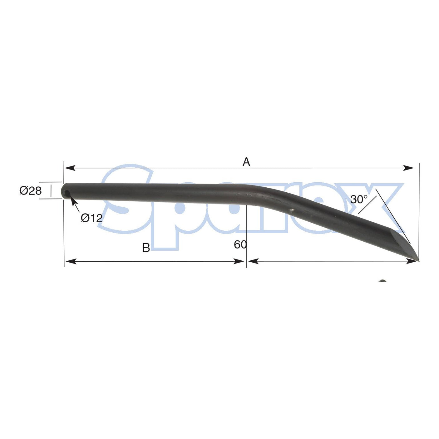 A technical diagram of a curved Loader Tine, labeled with dimensions including diameters of Ø28mm and Ø12mm, an angle of 30°, and lengths A, B, and 60mm. The word "Sparex" is faintly visible in the background. This Loader Tine - Curved 560mm (Round) - S.22814 includes details such as Maximum Tine Ø28mm for accurate fitting.