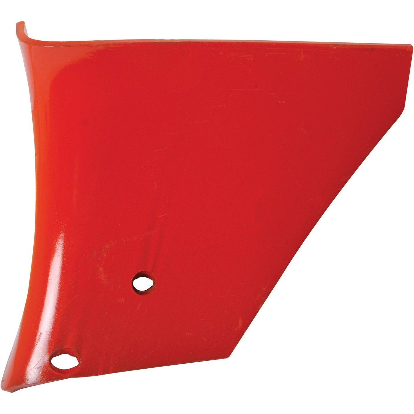 Red metal component with two holes and an angled edge, similar to a Sparex Skim Mouldboard - LH, fitting as 04023103G (Sparex Part No. S.22824).