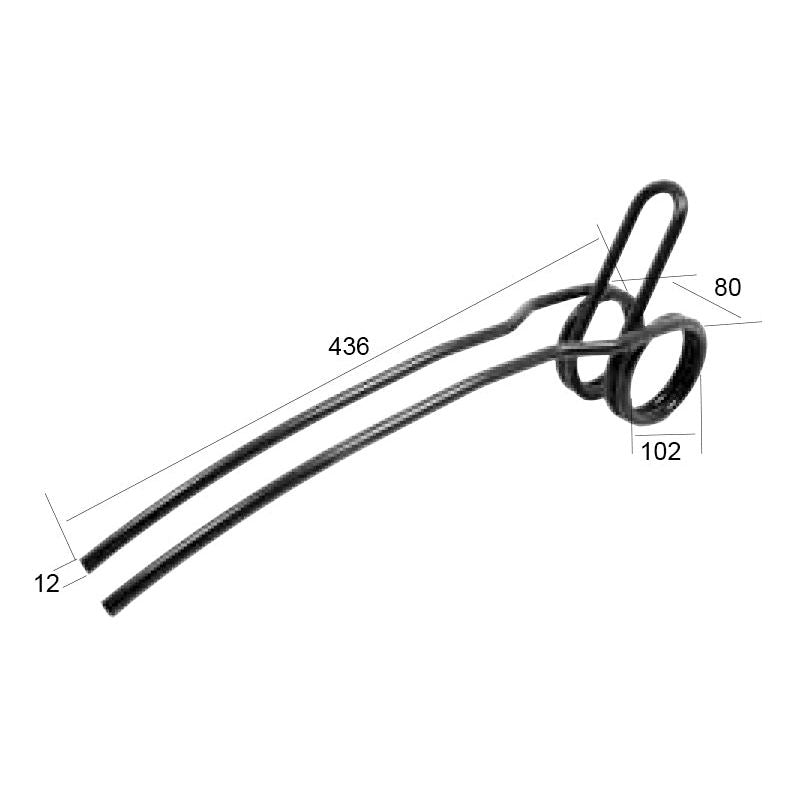 Two black metal rods bent into a specific shape, known as Following Tine replacements for Simba by Sparex, with dimensions: 436 mm length, 12 mm diameter, and loop heights of 80 mm and 102 mm. These fit as: 34217502 | Sparex Part No.S.22825.