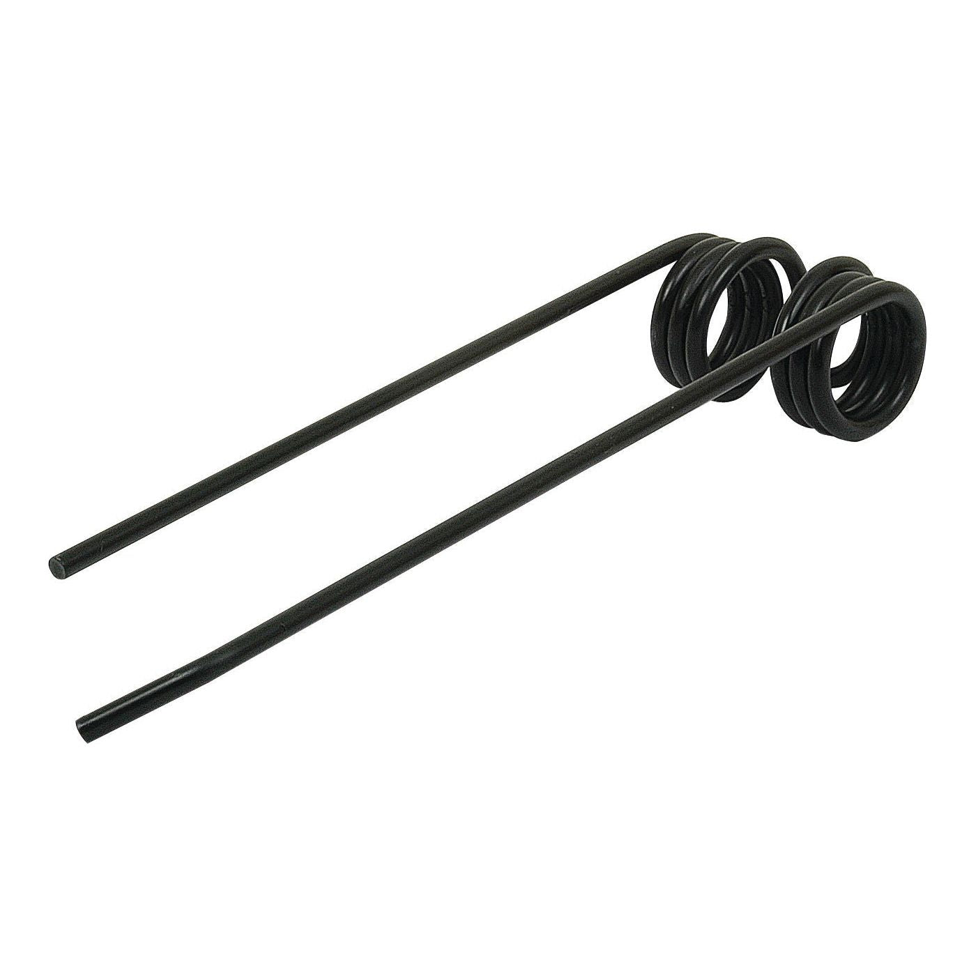 The Tedder haytine - RH by Sparex, measuring 365mm in length, 90mm in width, and Ø8mm in diameter (Sparex Part No. S.22835), features a metal double torsion spring with two coiled ends and straight prongs extending from each coil. This component serves as an ideal replacement for Lely machines under part number 4.1023.0437.0 or can be used for tedding hay.

