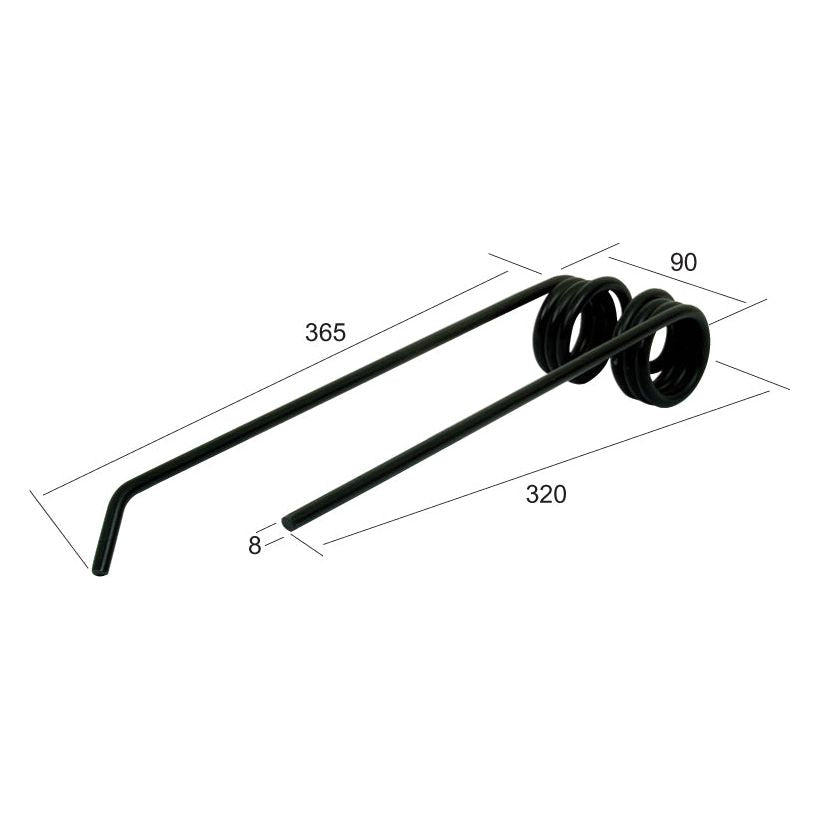 A Tedder haytine with a length of 365mm, a width of 90mm, and a diameter of 8mm. Ideal for use in the Lely ROTONDE systems or any primary OE reference applications. Suitable for Grange & Walter fitting needs. Replacement part: Lely To fit as: 4.1023.0457.0 | Sparex Part No.S.22836 from the Sparex brand.