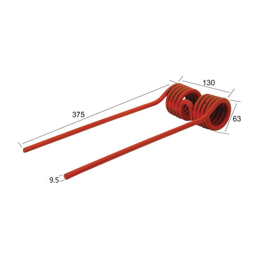 Image showing a Tedder haytine - Replacement for Claas, Bautz with labels for measurements: 130mm for the width, 63mm outer diameter for the spiral height, 375mm total length, and Ø9.5mm diameter. This product fits as part number 9568151 and is supplied by Sparex (Part No. S.22837).