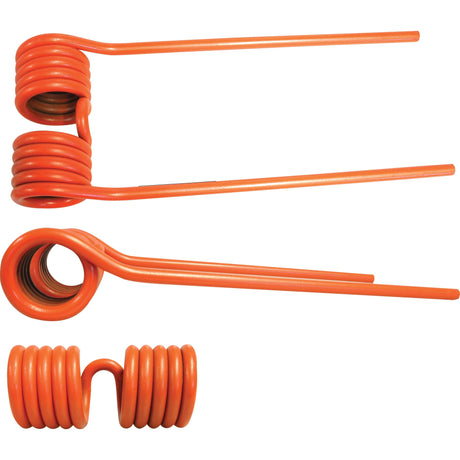 Three small metal Tedder haytines in orange, each with a coiled section and extended straight ends, arranged in different orientations—ideal replacements compatible with OE Reference 9569070.