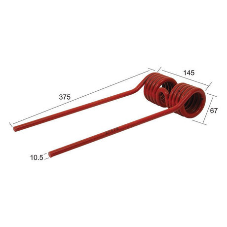 A Sparex Tedder haytine, right-hand and left-hand version, designed from red metal with a length of 375mm, width of 145mm, height of 67mm, and ends measuring Ø10.5mm. It is a replacement part for Claas machinery using OE Reference 9569070 and compatible with Grange & Walter equipment. The Sparex Part Number is S.22838.