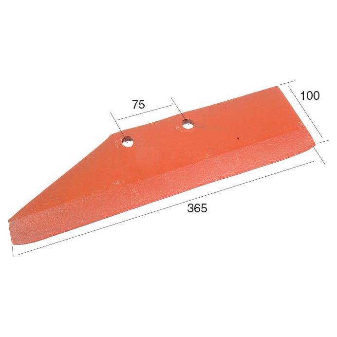 A red, triangular metal piece with two holes and labeled dimensions: 75mm, 100mm, and 365mm, suitable for Kverneland machinery or Sparex fasteners.