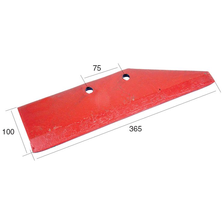 A red, metal, wedge-shaped object with two holes and dimensions labeled as 100 mm wide, 365 mm long, and hole centers 50 mm apart. This is the Wing 380x10mm LH To fit as: 131125 by Sparex, Part No. S.22850.