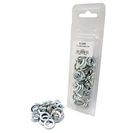 A package of metal washers marked "S.2285 5/16-1/2'' 80 PCS ZINC SPAREX" is shown, with some zinc-plated washers scattered beside the package. These Imperial Spring Washers meet the DIN 127B standard.