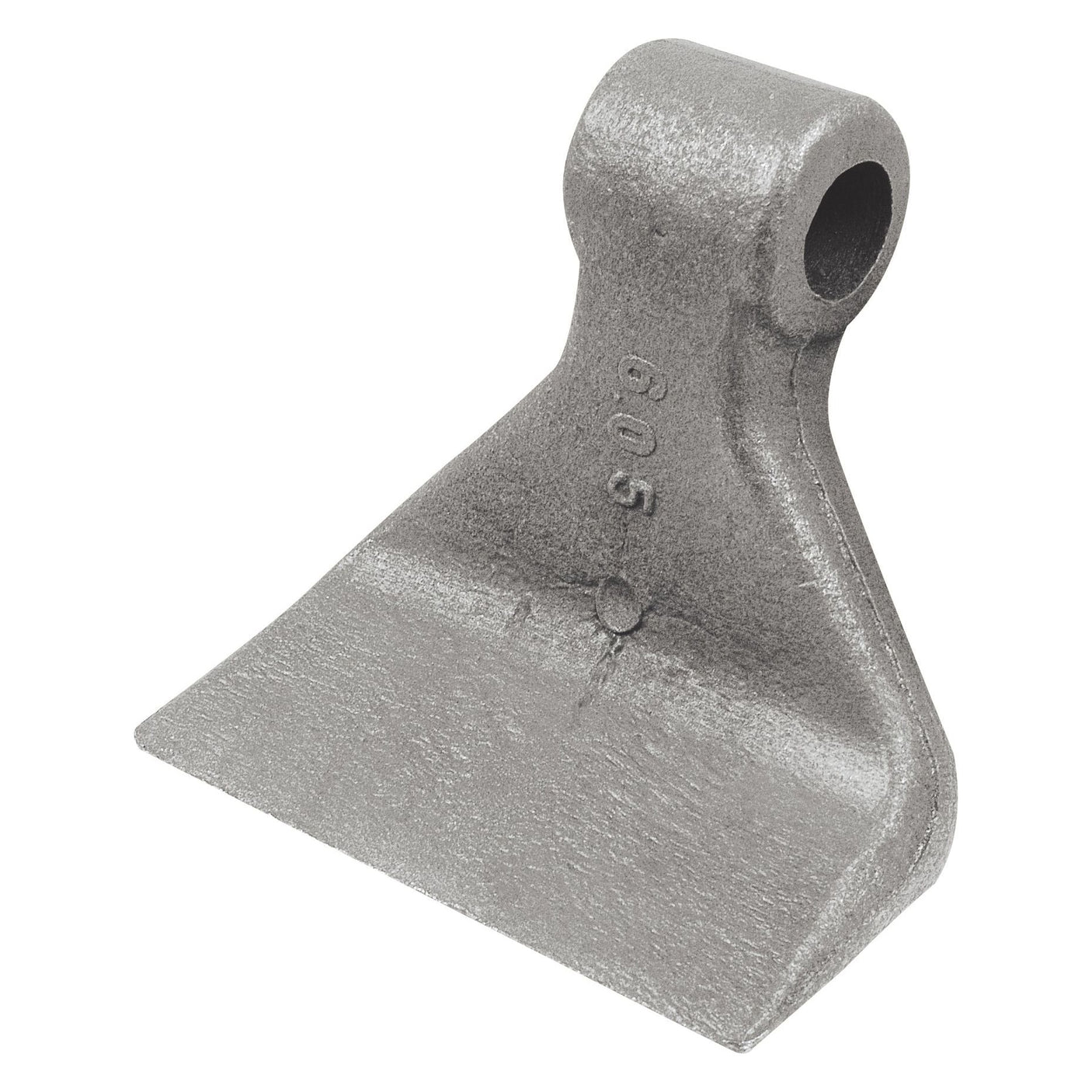 The Sparex Hammer Flail, featuring a top width of 40mm, bottom width of 120mm, and a hole diameter of 20.5mm with a radius of 110mm, is a metallic wedge-shaped tool or attachment suitable as a replacement for Kuhn.