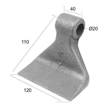 Grey metal component known as the Hammer Flail by Sparex, featuring a broad 120mm base, a tapered top portion measuring 40mm in width, a radius of 110mm, and a hole at the top with a diameter of 20.5mm. This piece is an ideal replacement for Kuhn machinery.