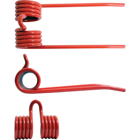 Three red-coiled wire springs are arranged vertically, showcasing various shapes and angles. These parts, marketed as Sparex Pick-Up Tine components with dimensions 160mm in length, 68mm in width, and Ø5.5mm, are suitable for Pottinger JUMBO machinery and serve as Primary OE Reference 436144 components.