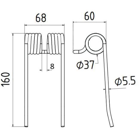 Technical drawing of a Pick-Up Tine specified for Primary OE Reference 436144. The pick-up tine, branded Sparex, features the following dimensions: a total height (length) of 160mm, a width (coil diameter) of 68mm, a wire diameter of Ø5.5mm, an 8mm gap between coils, and legs measuring 68mm and 60mm in length. This part serves as a replacement for the Pottinger Landsberg model and is identified as Sparex Part No.S.22885.