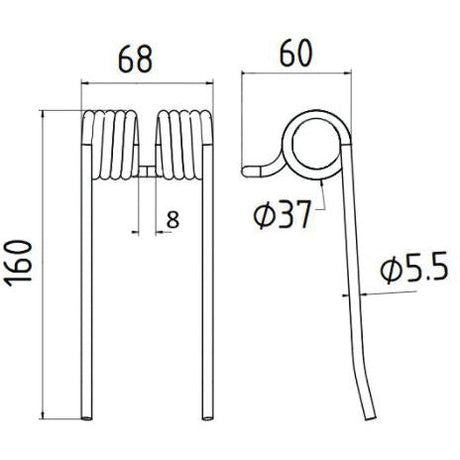 Technical drawing of a Pick-Up Tine specified for Primary OE Reference 436144. The pick-up tine, branded Sparex, features the following dimensions: a total height (length) of 160mm, a width (coil diameter) of 68mm, a wire diameter of Ø5.5mm, an 8mm gap between coils, and legs measuring 68mm and 60mm in length. This part serves as a replacement for the Pottinger Landsberg model and is identified as Sparex Part No.S.22885.