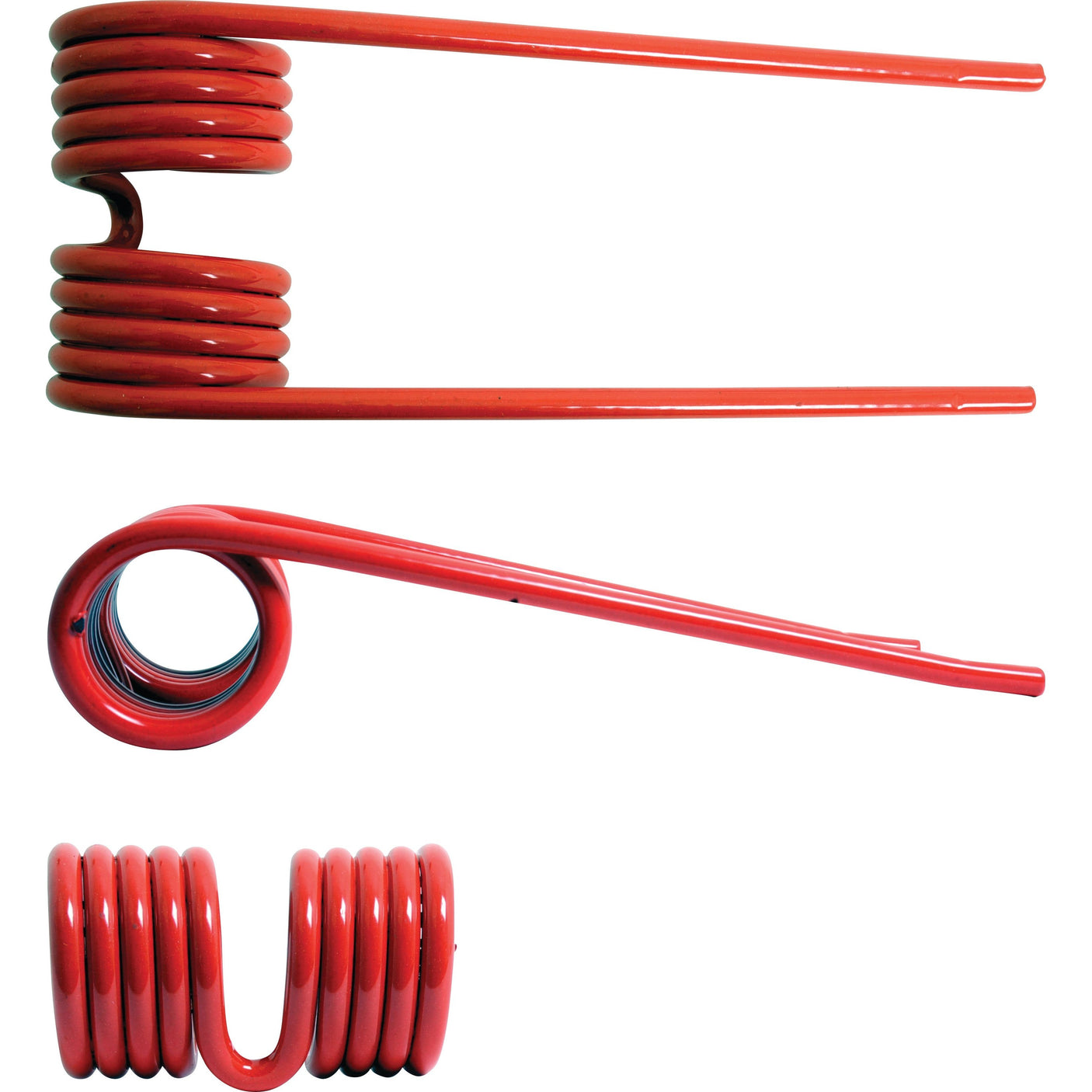 Three views of a Pick-Up Tine from Sparex with a coiled design: top view showing the double coil, side view highlighting the elongated arm, and bottom view displaying the compact coils. With dimensions of Length: 183mm, Width: 68mm, Ø5.5mm, this red torsion spring is a precise replacement for Pottinger machinery (part number 436151) and maintains excellent durability.