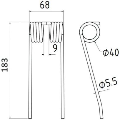 Technical drawing of a Pick-Up Tine design suitable for Pottinger with dimensions: 68mm width, 183mm length, 40mm outer Ø coil diameter, 9mm coil width, and 5.5mm rod diameter. This Sparex product fits as: 436151 | Sparex Part No.S.22886.