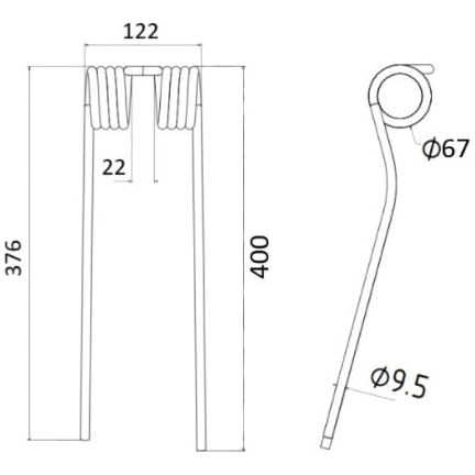 Here is a technical drawing of a Tedder haytine, left-hand side, designed for informational purposes. The haytine has a total length of 400 mm, width of 122 mm, and a wire diameter of 9.5 mm. It serves as a replacement for SIP and Twose models, fitting with reference number 154795902 and Sparex Part No. S.22888 as listed in the Grange & Walter's catalog.

