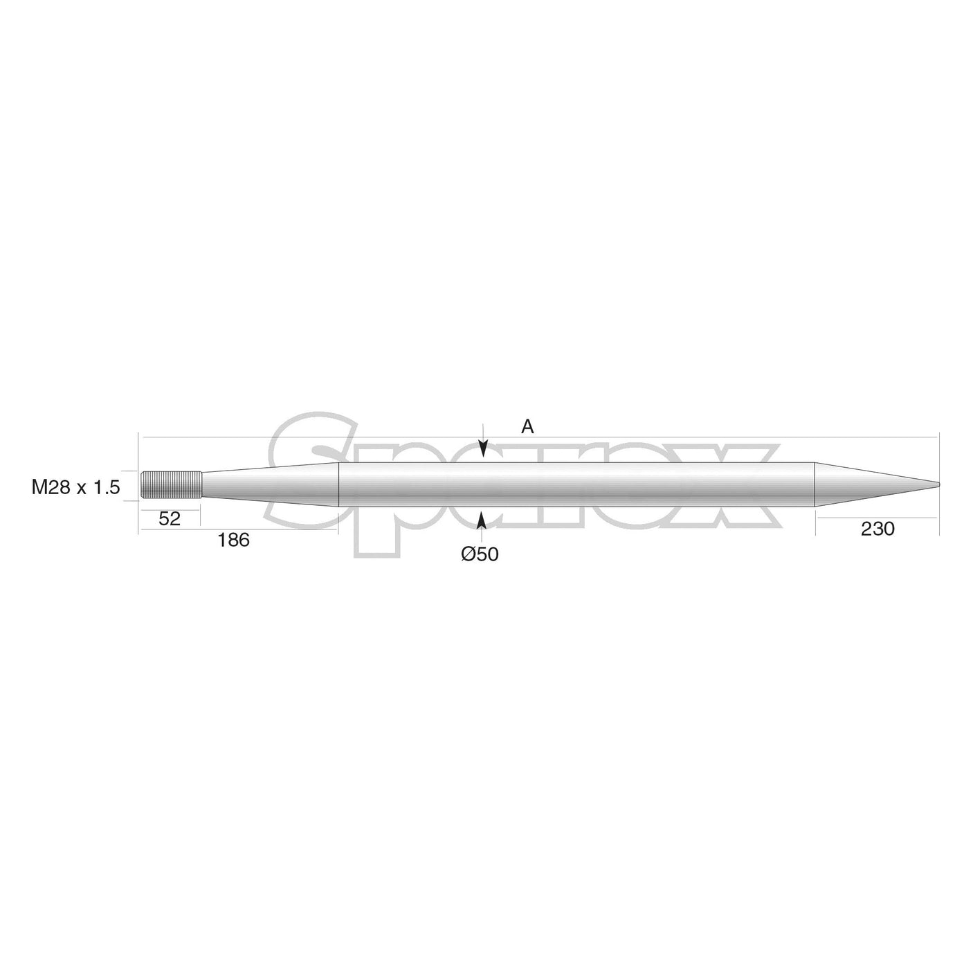 Technical drawing of a Loader Tine - Straight 820mm by Sparex with dimensions indicated: 468mm total length, 186mm from left end to middle section with a Maximum Tine Ø50mm diameter, and M28 x 1.5 thread on the left end. Product Code: S.22889