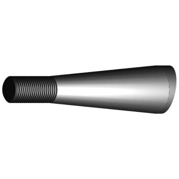 A 3D rendering of the Loader Tine - Straight 820mm, a tapered, cylindrical object with an M28 x 1.50 (Round) screw thread on one end, designed for Special Conus applications by Sparex.