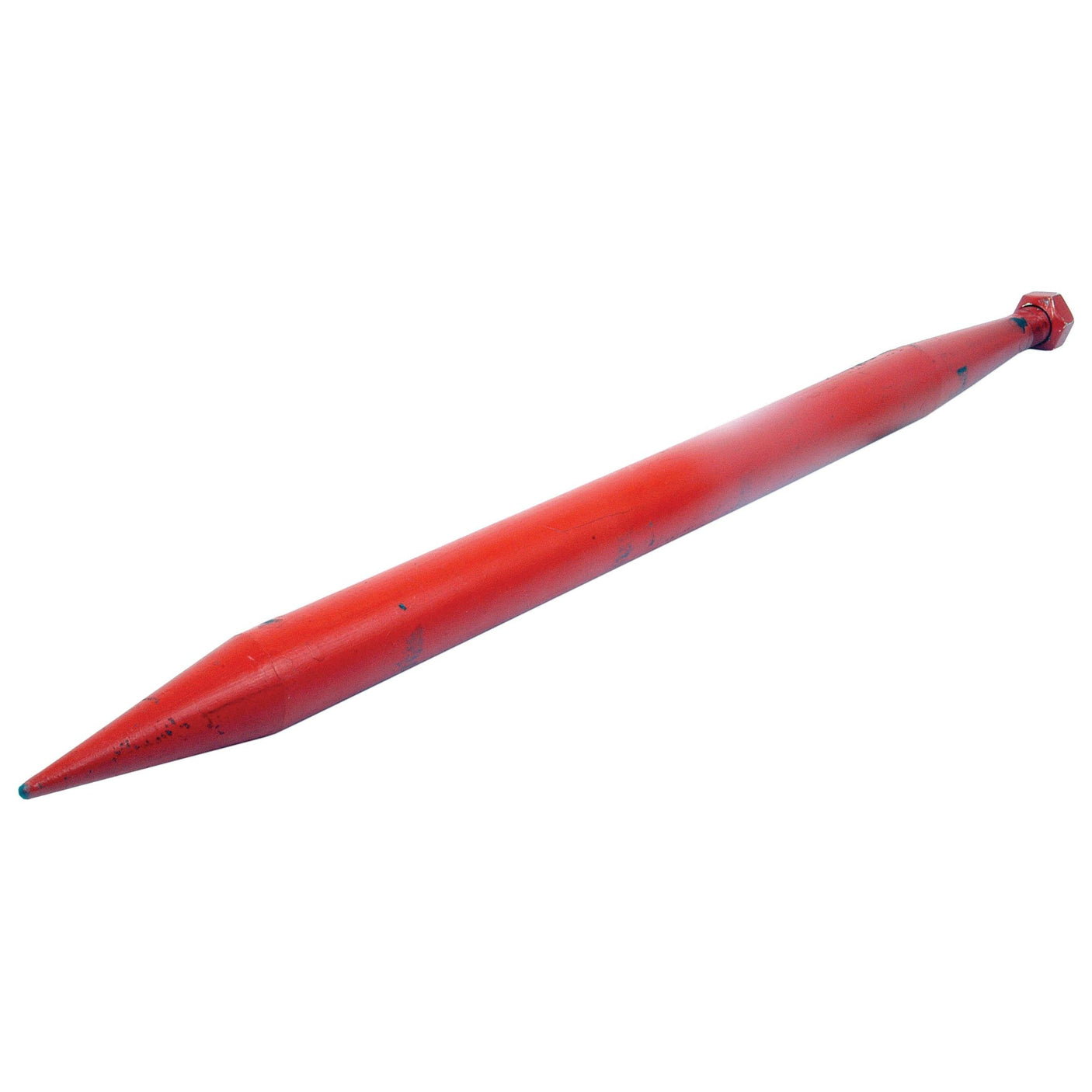 Introducing the Sparex Loader Tine - Straight 880mm (S.22890), featuring a robust red metal spike with a pointed tip on one end and a hexagonal head on the other, engineered for maximum torque in construction or excavation tasks. Thread size: M28 x 1.50 (Round).