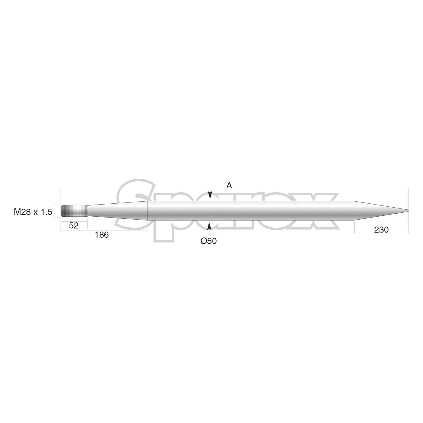 Technical drawing of the Sparex Loader Tine - Straight 880mm, featuring a cylindrical design with a pointed end. The labeled dimensions are 52, 186, and 230 units long with a diameter of 50 units. The special conus end is marked "M28 x 1.50." Detailed information on tine length is included for clarity.