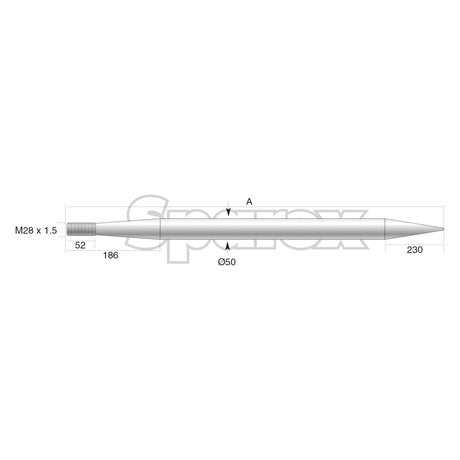 Technical drawing of the Sparex Loader Tine - Straight 880mm, featuring a cylindrical design with a pointed end. The labeled dimensions are 52, 186, and 230 units long with a diameter of 50 units. The special conus end is marked "M28 x 1.50." Detailed information on tine length is included for clarity.